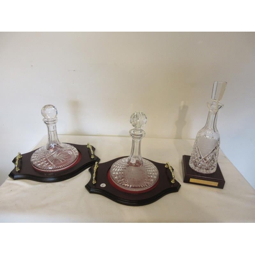 201 - Three Waterford glass decanters and bases, two engraved Maureen O'Hara, General Charles Blair, Class... 