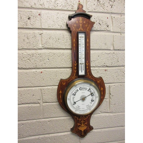 67 - Antique inlaid rosewood cased Aneroid barometer and thermometer.