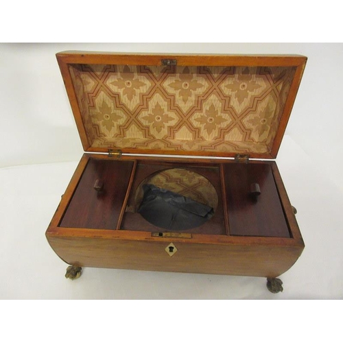 81 - Regency mahogany tea caddy having lion ring mask handles and brass and claw feet.