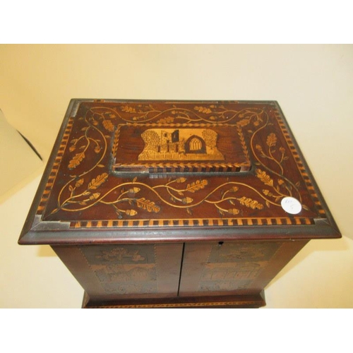 103 - A 19th century Killarney wood jewellery box, inlaid with local scenes of Muckross Abbey & Glena Cott... 