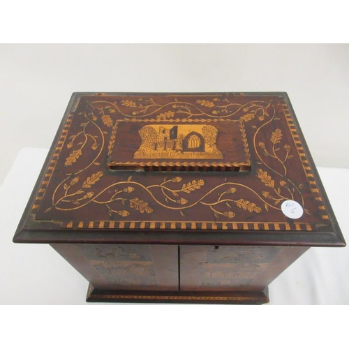 103 - A 19th century Killarney wood jewellery box, inlaid with local scenes of Muckross Abbey & Glena Cott... 