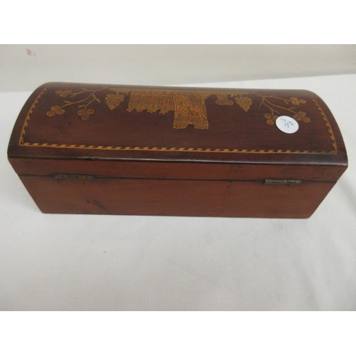 104 - 19th century Killarney wood glove box inlaid with a scene of Ross Castle. W. 10 1/2