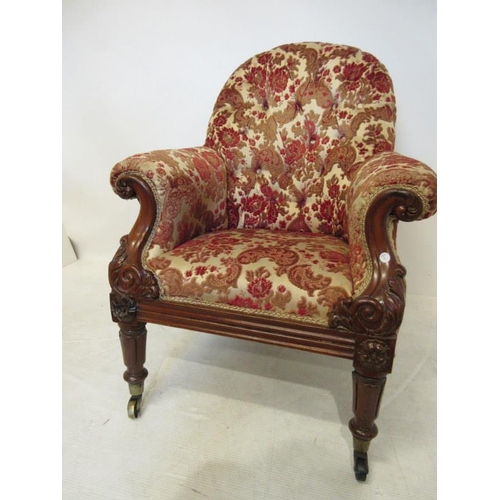 119 - A good Victorian carved mahogany drawing room chair raised on turned legs. (Probably Irish) Circa 18... 