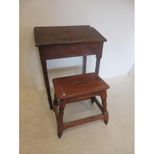 20 - Old pine desk and pitch pine stool. (2)