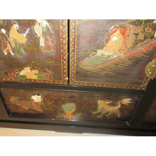 223 - A fine Chinese drawing room cabinet, the base section inlaid with figures in landscapes. H. 79