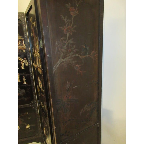 229 - A Chinese four panel back lacquer screen inlaid with mother of pearl and soapstone depicting court a... 