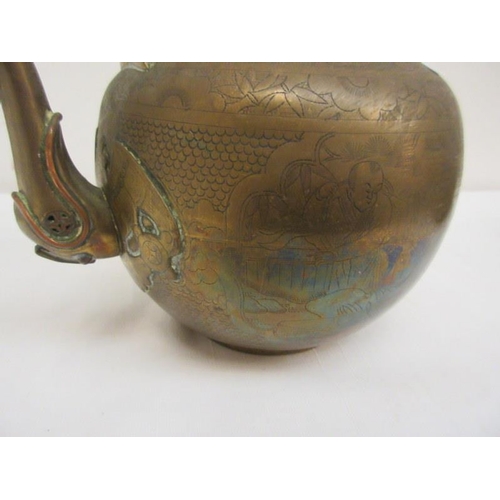 230 - Chinese brass and copper tea pot with double handle, engraved with flowers, orchids and people.