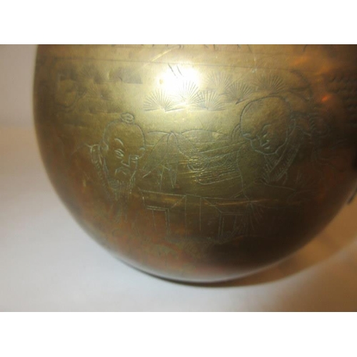 230 - Chinese brass and copper tea pot with double handle, engraved with flowers, orchids and people.