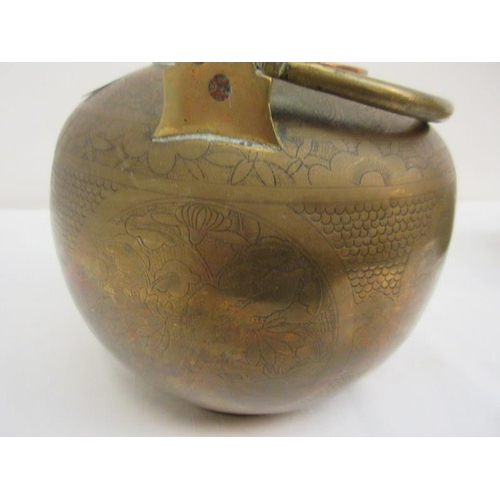 230 - Chinese brass and copper tea pot with double handle, engraved with flowers, orchids and people.