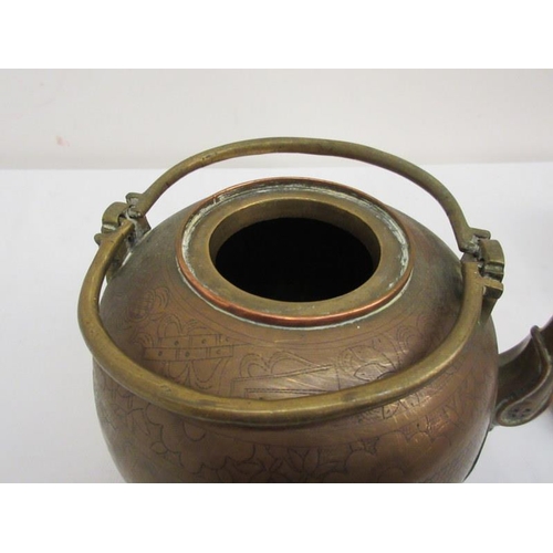 230 - Chinese brass and copper tea pot with double handle, engraved with flowers, orchids and people.