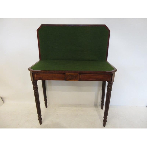 245 - A 19th century mahogany and rosewood banded card table raised on rope twist legs. W. 35