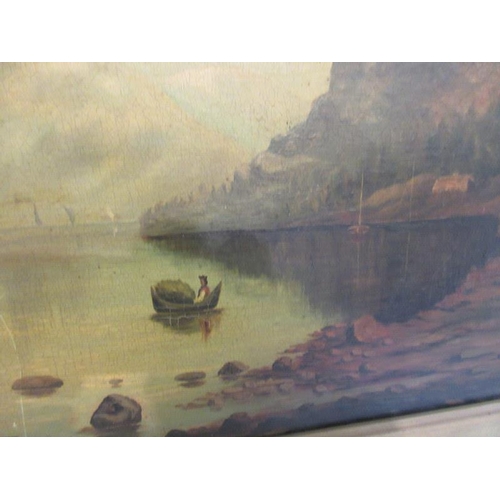 96 - 19th century lake and mountain landscape with boats and figures in gilt frame. R.W. Clarke, Grand Pa... 