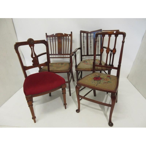 24 - Two Edwardian inlaid mahogany drawing room chairs and two single chairs (not matching). (4)
