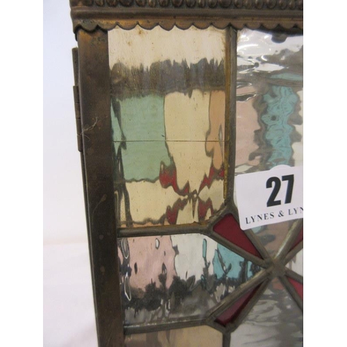 27 - Victorian brass framed and stain glass hall lantern. Height 28cm approx. (no hanging chains)