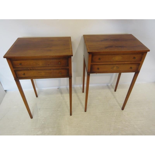 117 - Pair of antique inlaid yew wood lamp tables fitted with two drawers and raised on tapered legs. W. 4... 