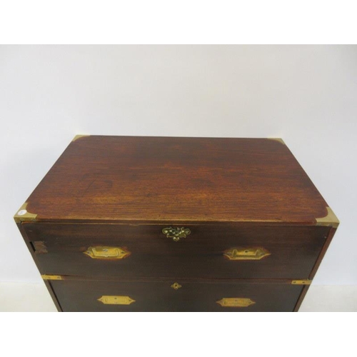 120 - An 19th century teak military two part secetaire chest, side handles missing and restoration require... 