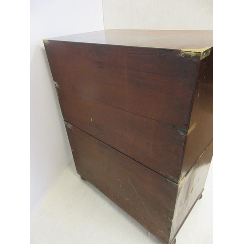 120 - An 19th century teak military two part secetaire chest, side handles missing and restoration require... 