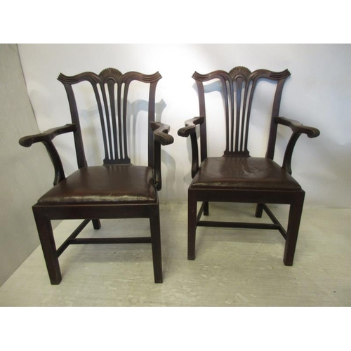 141 - A pair of good antique mahogany Chippendale carver chairs raised on square legs with cross stretcher... 