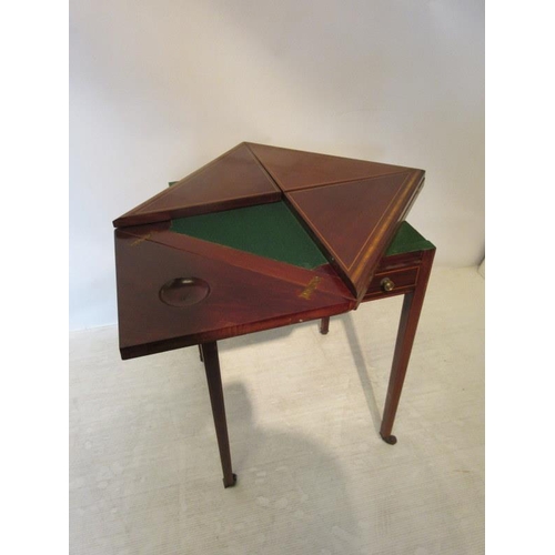 149 - Edwardian inlaid mahogany envelope card table fitted with a drawer and raised on tapered legs.