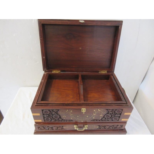 15 - A modern decorative carved wood box with brass inlay.
W. 46cm, D. 30cm, H. 27cm approx.