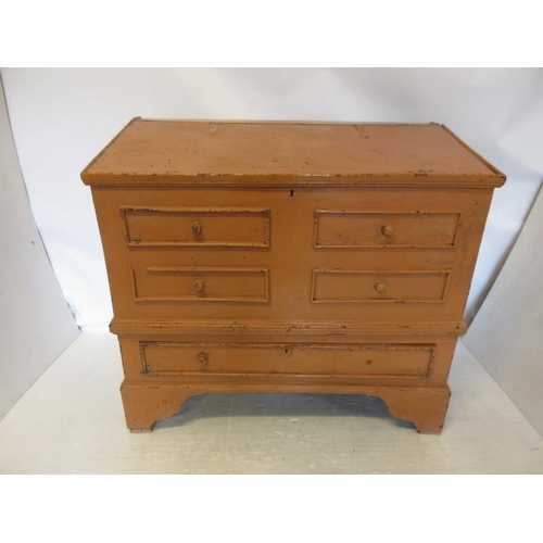 157 - Antique Irish pine dowry chest having lift up top, real & dummy drawers and raised on shaped bracket... 