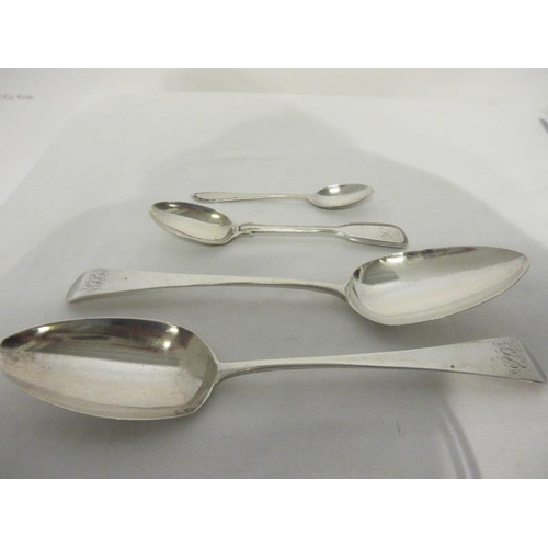 170 - A pair of large English silver tablespoons, London 1808, silver teaspoon, London 1837 and a silver t... 