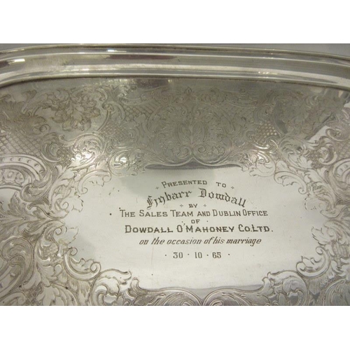 186 - Two silver plated trays with inscriptions to F. Dowdall by the Directors and Sales team of Dowdall O... 