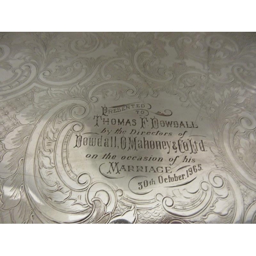 186 - Two silver plated trays with inscriptions to F. Dowdall by the Directors and Sales team of Dowdall O... 