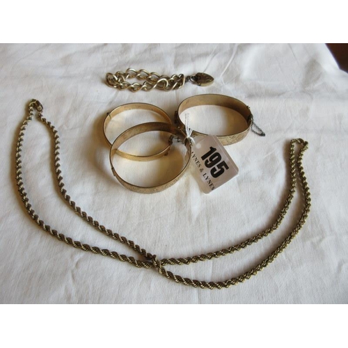 195 - Three bangles 9ct rolled gold and two chains.