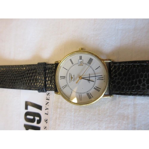 197 - A gents longines Quartz wrist watch with calendar appeture and a ladies Morita Quartz. (2)