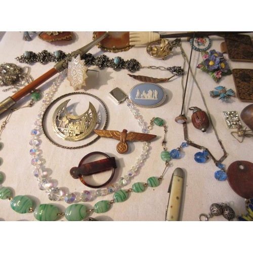 201 - Mixed lot of costume jewellery, old Elgin watch, brass shell case, old arrows, etc.