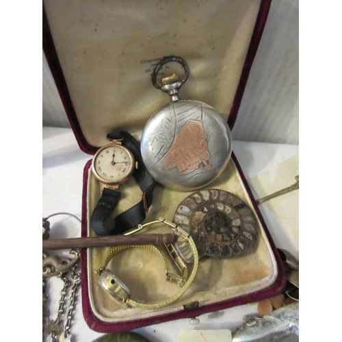 201 - Mixed lot of costume jewellery, old Elgin watch, brass shell case, old arrows, etc.