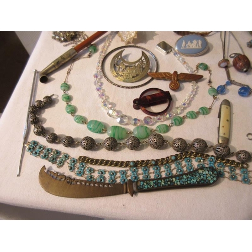 201 - Mixed lot of costume jewellery, old Elgin watch, brass shell case, old arrows, etc.