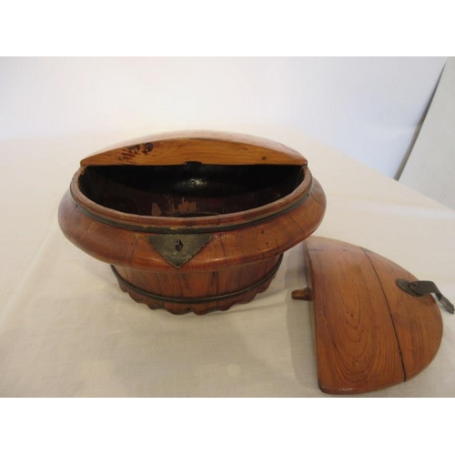 44 - A yew wood circular container with lid possibly for olives. Diameter 35cm, H. 16cm approx.