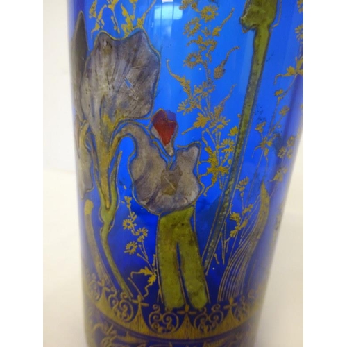 53 - Old blue glass vase with gilt and enamel decoration. H. 27cm, diameter 9cm approx.