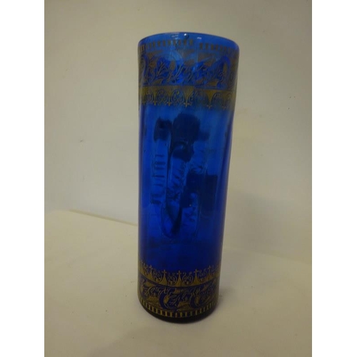 53 - Old blue glass vase with gilt and enamel decoration. H. 27cm, diameter 9cm approx.