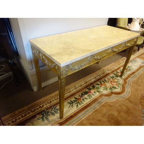 437 - Decorative gilt wood side table having a granite top and raised on tapered legs. W. 137cm, D. 60cm, ... 