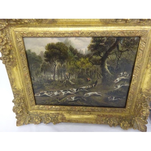 109 - A pair of gilt framed hunting scenes, oil on board with plaques for Sam Raven. Overall size - 26cm x... 