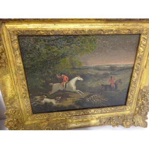 109 - A pair of gilt framed hunting scenes, oil on board with plaques for Sam Raven. Overall size - 26cm x... 