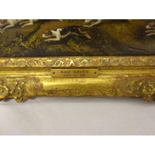 109 - A pair of gilt framed hunting scenes, oil on board with plaques for Sam Raven. Overall size - 26cm x... 