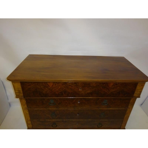 110 - A good antique continental figured walnut secretaire chest. W. 130cm, D. 64cm, H. 97cm approx.