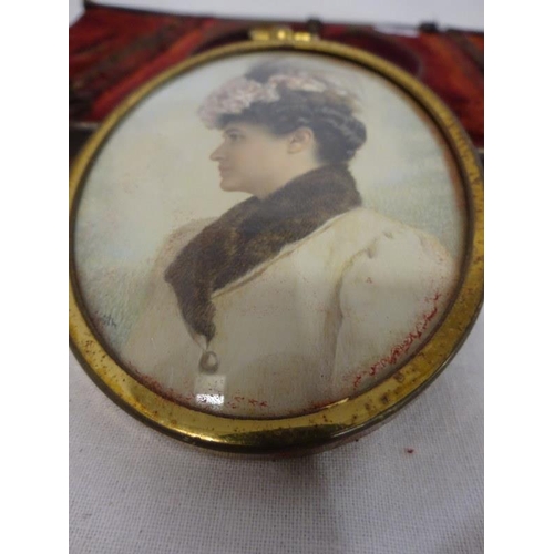 113 - Miniature oval shaped portrait in carrying case with note on reverse.