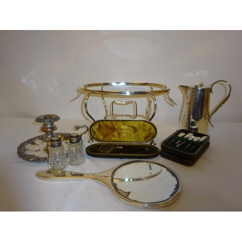 160 - Mixed lot of plated ware - chamber stick, dish stand, coffee pot, silver hand mirror, etc.  (7)