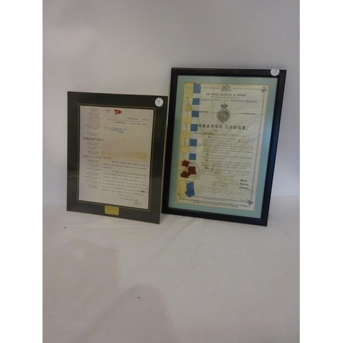 236 - An Orange Lodge certificate dated 1871 together with a copy of a White Star Line letter to Fr. Brown... 