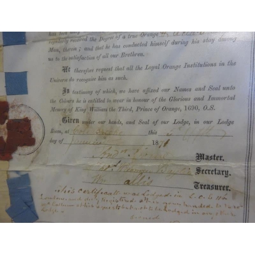 236 - An Orange Lodge certificate dated 1871 together with a copy of a White Star Line letter to Fr. Brown... 