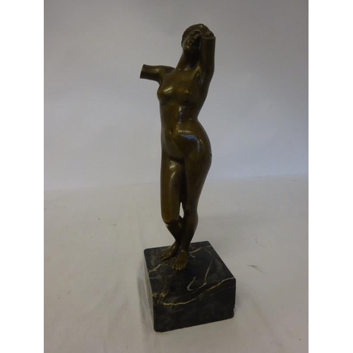 239 - Antique mahogany corner shelf with gilt decoration and bronze nude figure. H. 95cm approx.