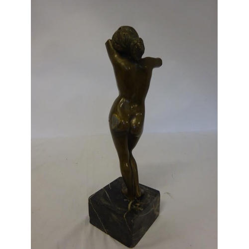 239 - Antique mahogany corner shelf with gilt decoration and bronze nude figure. H. 95cm approx.