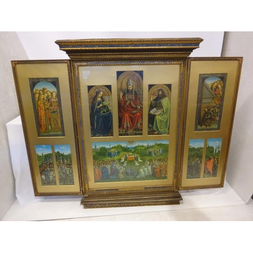 27 - A decorative framed religious triptych. The Adoration of the Lamb. H. 140cm, W. 100cm. Fully opened ... 