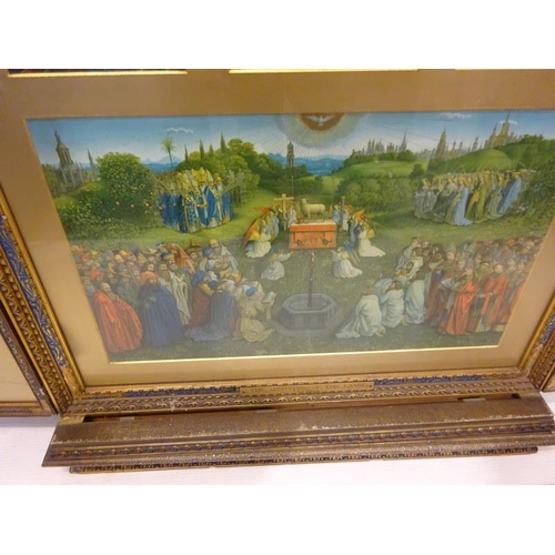 27 - A decorative framed religious triptych. The Adoration of the Lamb. H. 140cm, W. 100cm. Fully opened ... 