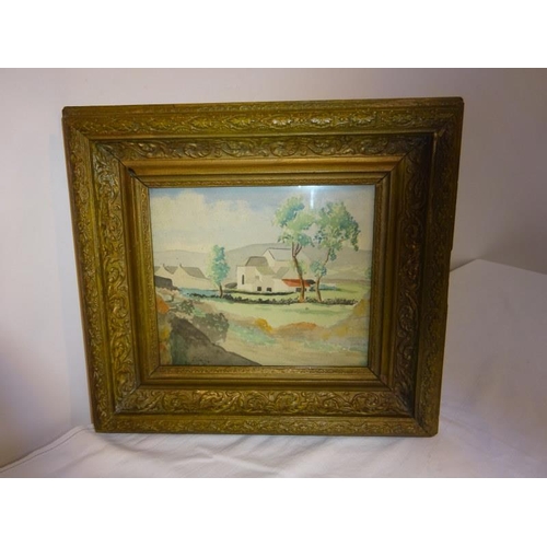 32 - Gilt framed watercolour,
Farm buildings in landscape,
Signed with initials,
Dated 1929. 
Overall siz... 